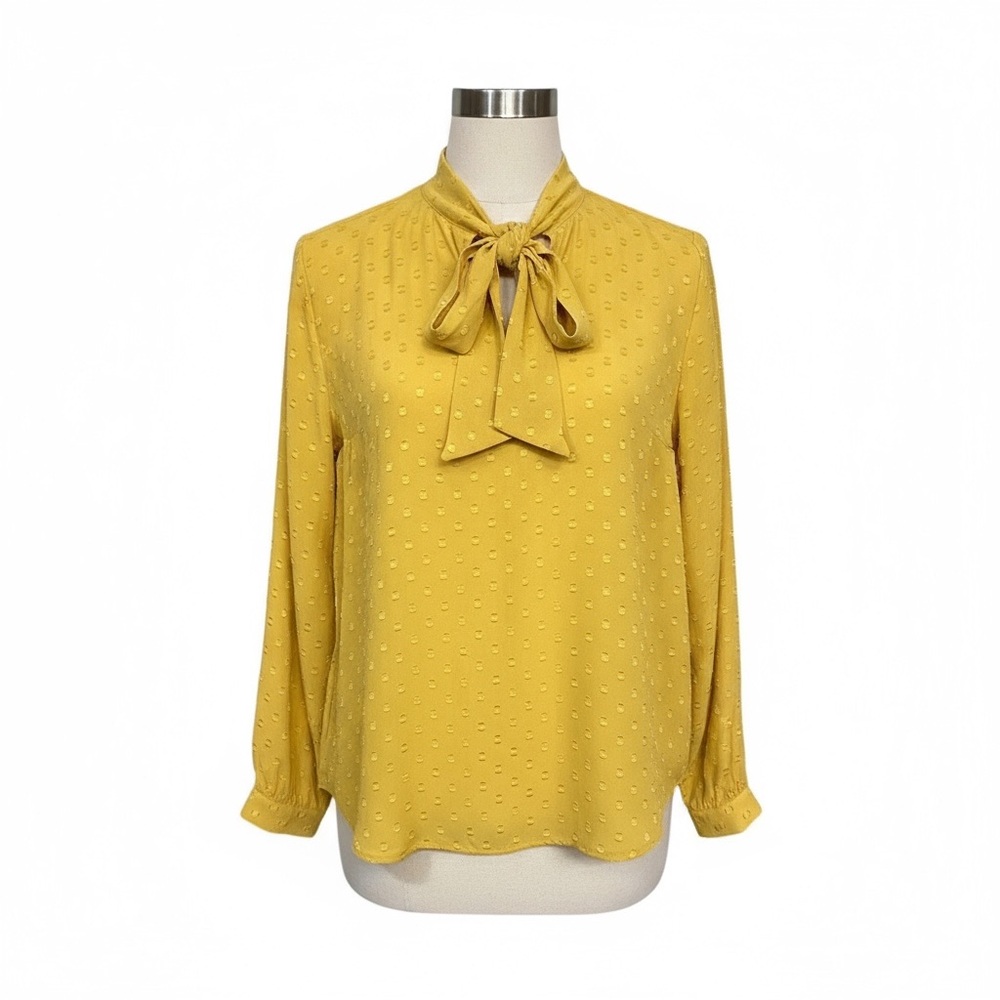Ann Taylor silky gold tone on tone blouse with gathered/tie neck, size PL